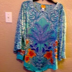 Aqua with blues and peach flowers